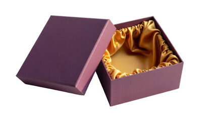 Open purple gift box with golden satin lining isolated PNG, elegant packaging for jewelry or luxury items on transparent background