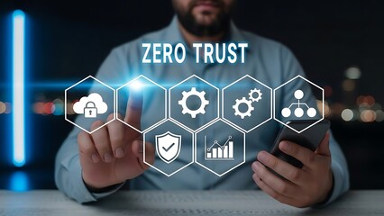 Man interacting with zero trust cybersecurity interface on smartphone hexagons