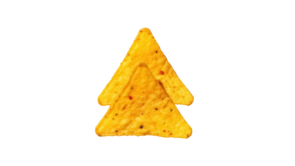 Two yellow tortilla chips isolated PNG on transparent background, crunchy snack for party food and appetizer use