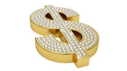 Golden dollar sign with diamonds isolated PNG, luxury currency symbol on transparent background for finance and investment concepts