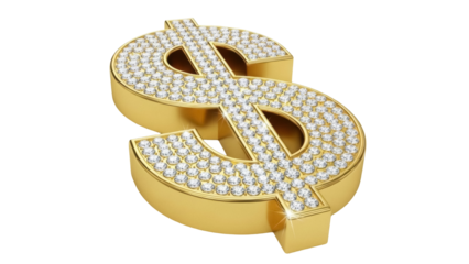 Golden dollar sign with diamonds isolated PNG, luxury currency symbol on transparent background for finance and investment concepts
