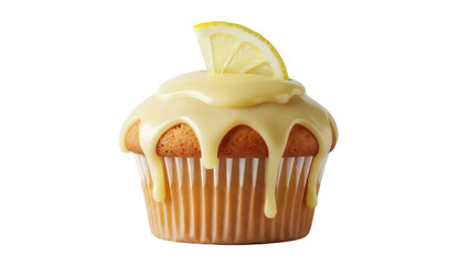 Delicious lemon cupcake with frosting and lemon slice isolated PNG, sweet dessert for bakery and cafe menus on transparent background