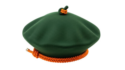 Green beret PNG isolated on transparent background, special forces headwear with orange rope for military and army use