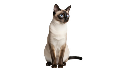 Elegant Siamese cat sitting isolated PNG on transparent background, beautiful purebred feline with blue eyes for pet-related designs