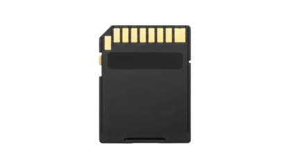 Black SD memory card isolated PNG, secure digital storage device for cameras and mobile phones on transparent background