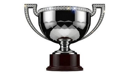 Shiny silver trophy cup with diamond trim isolated PNG, award for winning a competition or championship on transparent background