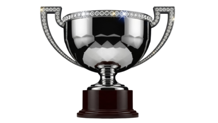 Shiny silver trophy cup with diamond trim isolated PNG, award for winning a competition or championship on transparent background