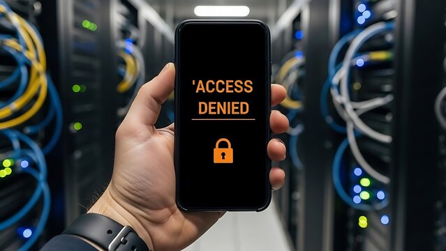 Hand holding smartphone with access denied message on screen in server room lock 1 - Powered by Adobe