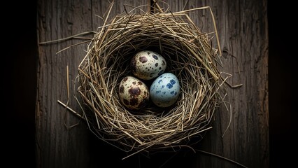 Bird eggs in a nest on wooden surface
