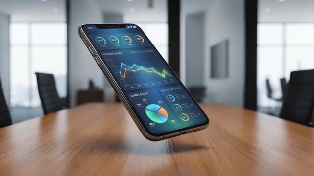 Business intelligence dashboard displayed on levitating smartphone. Corporate analytics and revenue growth charts in modern office setting. Lockdown shot.