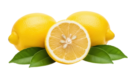 Three yellow lemons with leaves, one sliced isolated PNG, fresh citrus fruit on transparent background for healthy eating and summer designs