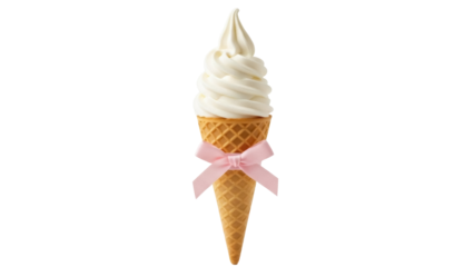 Vanilla soft serve ice cream cone with pink ribbon isolated PNG, sweet dessert for summer treat and party decoration on transparent