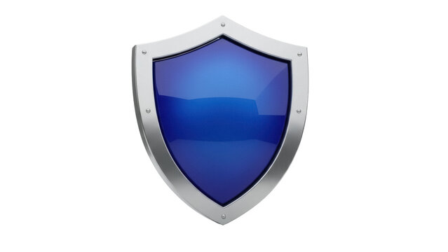 Blue shield with silver frame isolated PNG, security and protection concept for graphic design and web elements on transparent background