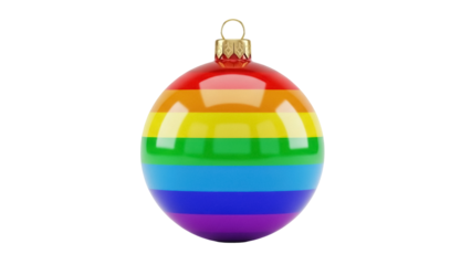 Rainbow Christmas ball PNG isolated on transparent background, colorful striped ornament for holiday decoration and LGBTQ+ pride