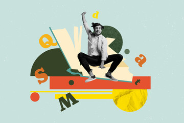 Art full zine photo collage of happy girl guy student library academic book stack education learner...