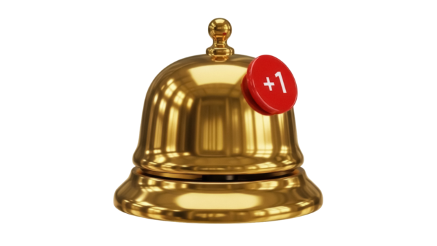 Golden service bell with red notification badge isolated PNG, new message alert for hotel reception or customer support on transparent background - Powered by Adobe