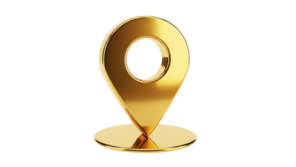 Golden map pointer PNG isolated on transparent background, location pin icon for navigation and travel apps, shiny metallic marker