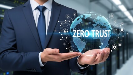 Businessman holding globe with zero trust concept and cybersecurity suit blue suit