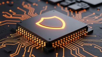Glowing shield symbol on a black and gold computer microchip closeup view with circuit traces