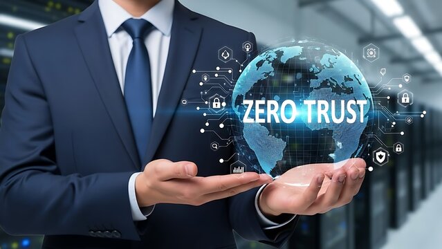Businessman holding globe with zero trust concept and cybersecurity suit blue suit - Powered by Adobe