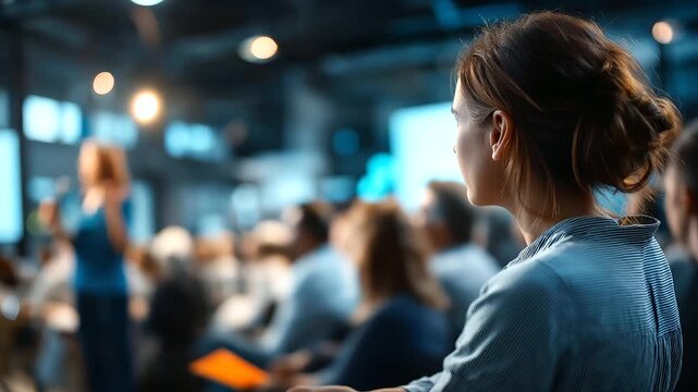 Faceless audience member watching person giving speech on stage defocused large venue background conference setting presentation viewing seminar attendance event participation