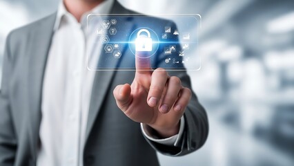 Businessman touching digital padlock on transparent screen with various suit white shirt gray suit index finger