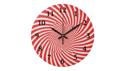 Red and white spiral clock PNG isolated on transparent background, time management concept for graphic design and presentations