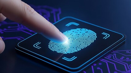 Finger touching smartphone with glowing blue fingerprint scanner blue glow circuit board