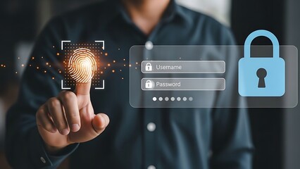 Man in dark blue shirt using fingerprint scan for login with digital padlock and username password fields