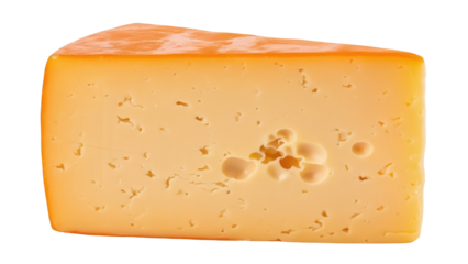 Delicious gouda cheese wedge isolated PNG on transparent background, tasty dairy product with holes for gourmet food and cooking
