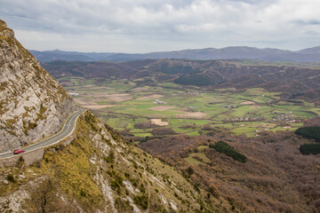 Fototapeta premium Panoramic View of the Orduña Mountain Pass Road and Orduña Valley, Spain