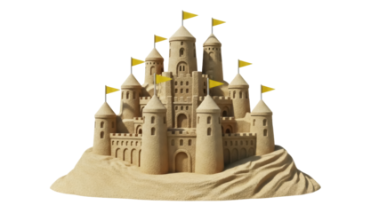 Detailed sandcastle with yellow flags isolated PNG, intricate sandy architecture for summer vacation and beach themed designs