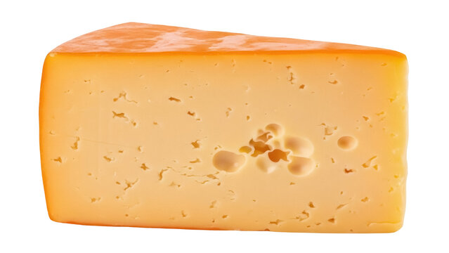 Delicious gouda cheese wedge isolated PNG on transparent background, tasty dairy product with holes for gourmet food and cooking