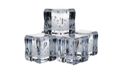 Stack of three ice cubes PNG isolated on transparent background, refreshing frozen water blocks for summer drinks and beverage concepts