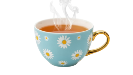 Light blue teacup with daisy pattern and golden handle isolated PNG, hot beverage for breakfast or afternoon tea on transparent background