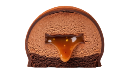 Delicious chocolate truffle cut in half with caramel filling isolated PNG, gourmet dessert with rich flavor on transparent background