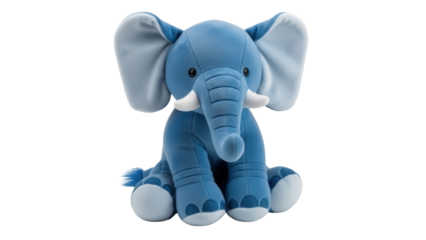 Cute blue plush elephant toy isolated PNG, soft stuffed animal for kids and babies on transparent background, cuddly and comforting