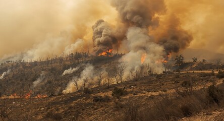 Amber Sky, Scorched Earth Rising Plumes and Jagged Silhouettes Amidst Hazy Light.