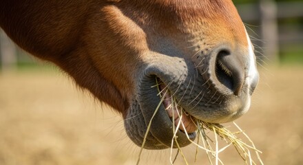 Close-up of a horse's head, eating hay