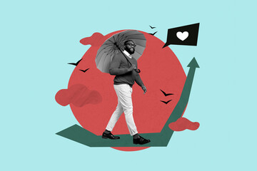 Creative pop collage of person walk on arrows with like icon blue background