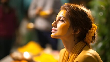 Faceless Indian bride in haldi ceremony defocused traditional celebration background cultural wedding ritual pre marriage tradition turmeric ceremony ethnic celebration
