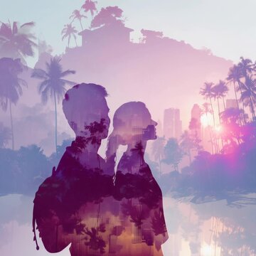 double exposure animation with pair of holiday makers enjoying amazing tropical nature scenery