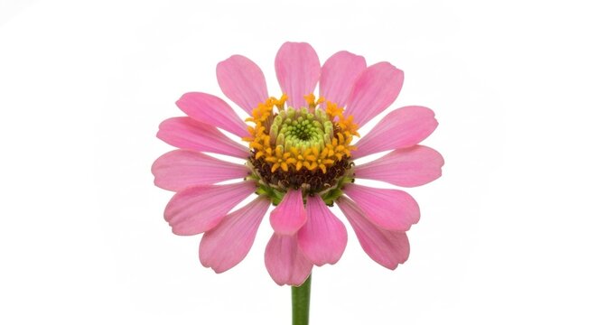 Close-up of a single, vibrant pink zinnia flower against a white background