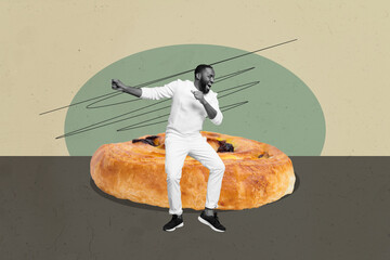 3D photo collage trend sketch template artwork of happy girl guy stand  big size bread piece nutrition cuisine cook chef calories