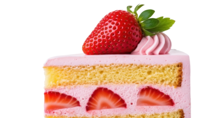 Strawberry shortcake slice isolated PNG on transparent background, delicious dessert with fresh fruit and pink cream for bakery and cafe menus