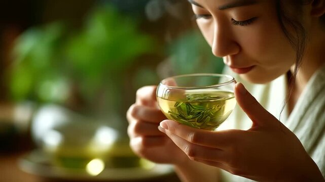 Faceless traditional Japanese women with tea defocused home tearoom background culture with leaves and herbs friends ceremony herbal beverage wellness mindfulness detox drink