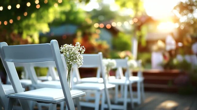 Venue of outdoor wedding ceremony setting faceless romantic space defocused garden background celebration preparation marriage setup outdoor event arrangement ceremonial loca