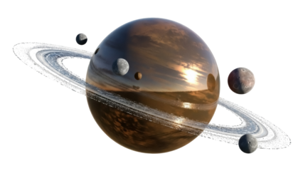 Saturn-like planet with rings and moons isolated PNG, fantasy space scene on transparent background, cosmic celestial body