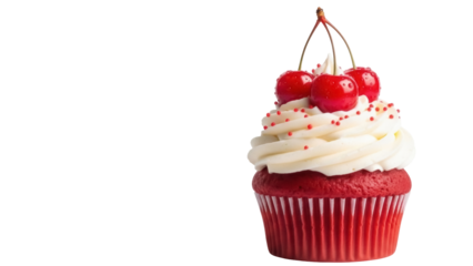 Red velvet cupcake with cherries isolated PNG on transparent background, delicious dessert for birthday party and sweet treat