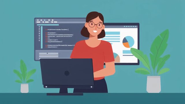 A cheerful woman coding at her modern workstation with analytics on display.